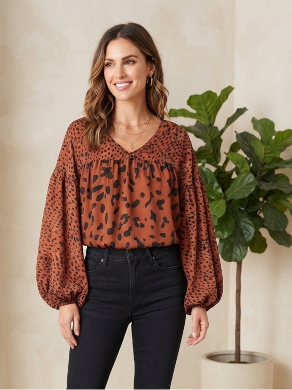 Take 50% OFF-Hailey & Co. Rust Animal Print Balloon Sleeve Blouse, Size-M